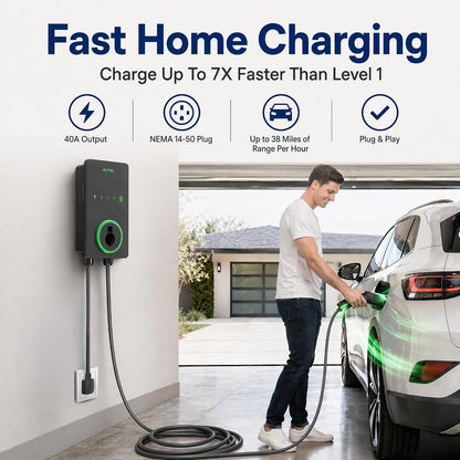 40A Level 2 EV Charger, 240V NEMA 14-50 J1772, Wifi, 25Ft Cable