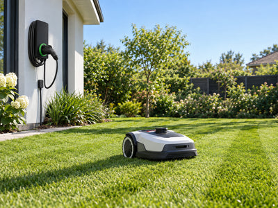 40A Level 2 EV Charger, Late afternoon high summer, lush green backyard, nobody present