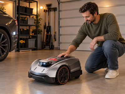X3 plus Wireless AI Robot Lawn Mower, Evening indoors, modern open-plan kitchen, warm overhead lighting