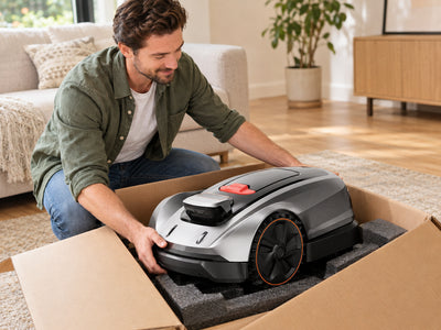 X3 plus Wireless AI Robot Lawn Mower, a person unpacking or carefully checking it in its natural room
